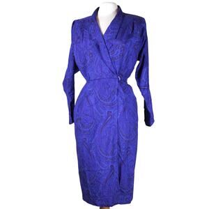 Vintage silk wool blend blue paisley shiny shirt dress wrap v-neck 80s 90s